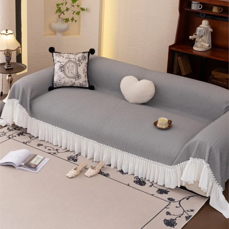 2024 French Country Sofa Cover Patchwork Stretchable Couch Protector Vintage Solid Color Cool Decor Throw Blanket Pleated lace